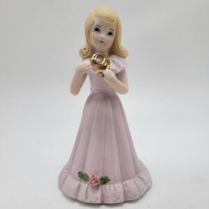 Vintage 1981 Enesco Growing Up Birthday Girl Figurine Age 9 Blonde Pink Dress